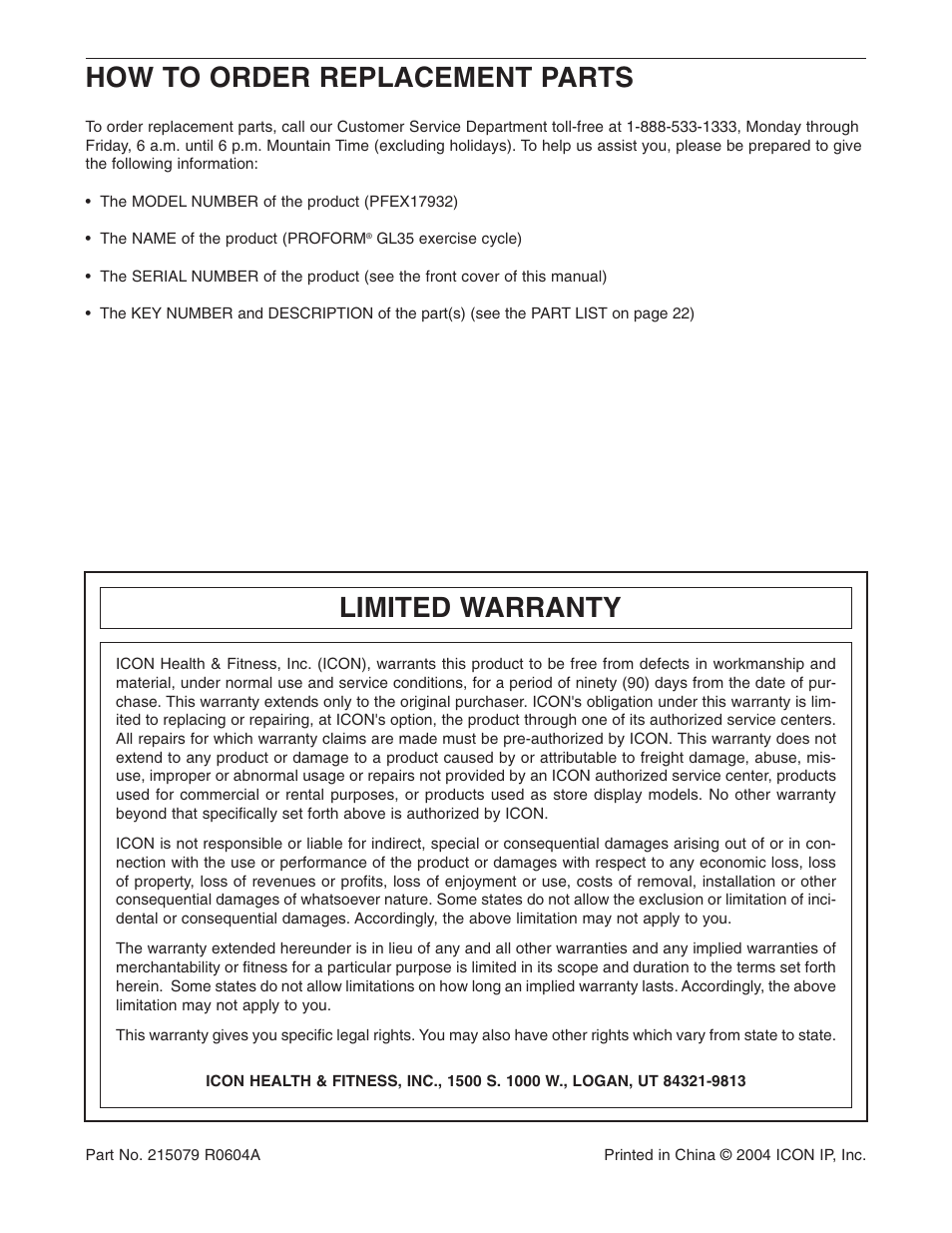 How to order replacement parts, Limited warranty | ProForm PFEX17932 User Manual | Page 24 / 24