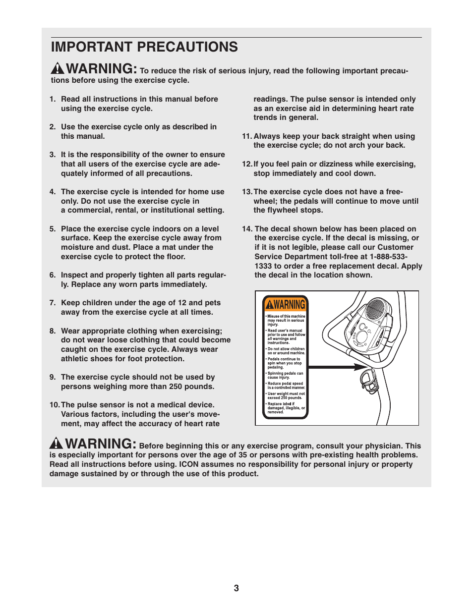 Warning, Important precautions warning | ProForm PFEX17932 User Manual | Page 3 / 24