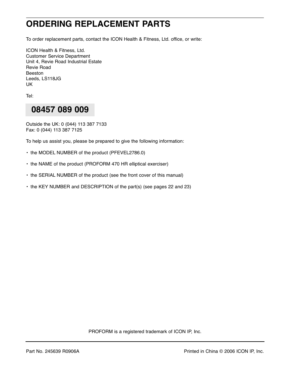Ordering replacement parts | ProForm PFEVEL2786.0 User Manual | Page 24 / 24