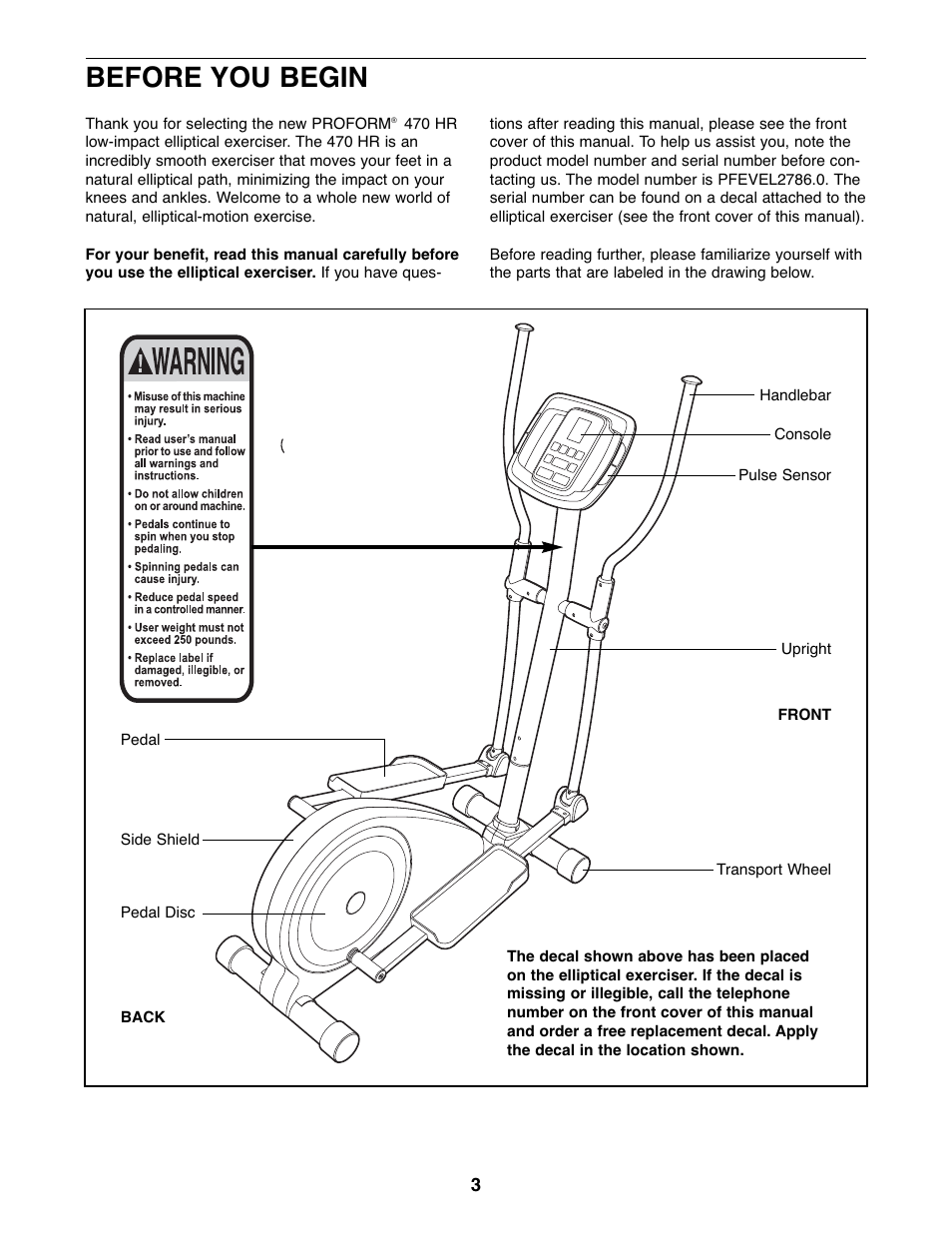 Before you begin | ProForm PFEVEL2786.0 User Manual | Page 3 / 24