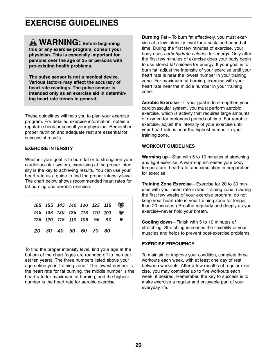 Exercise guidelines warning | ProForm 831.23743.1 User Manual | Page 20 / 28