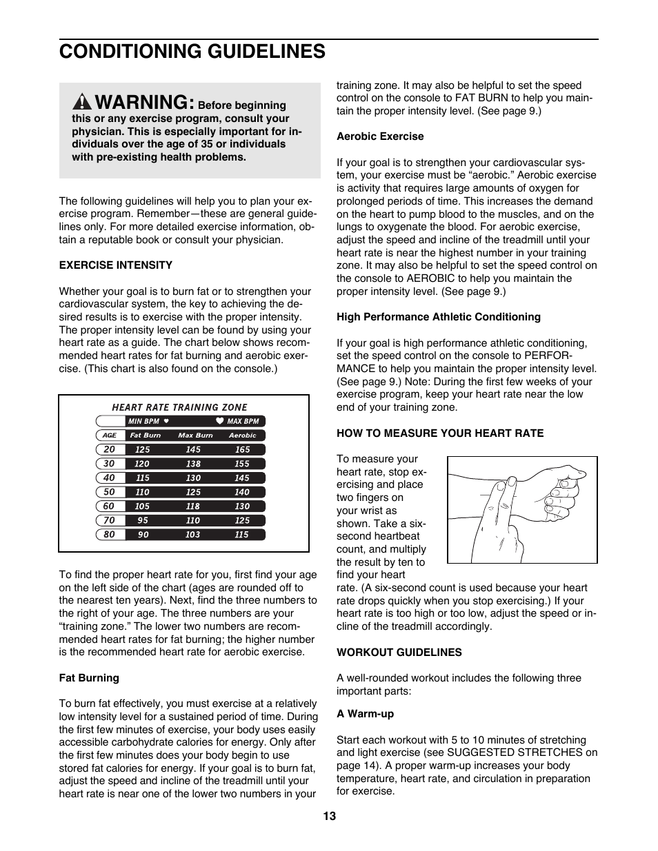 Conditioning guidelines, Warning | ProForm 831.298071 User Manual | Page 13 / 18