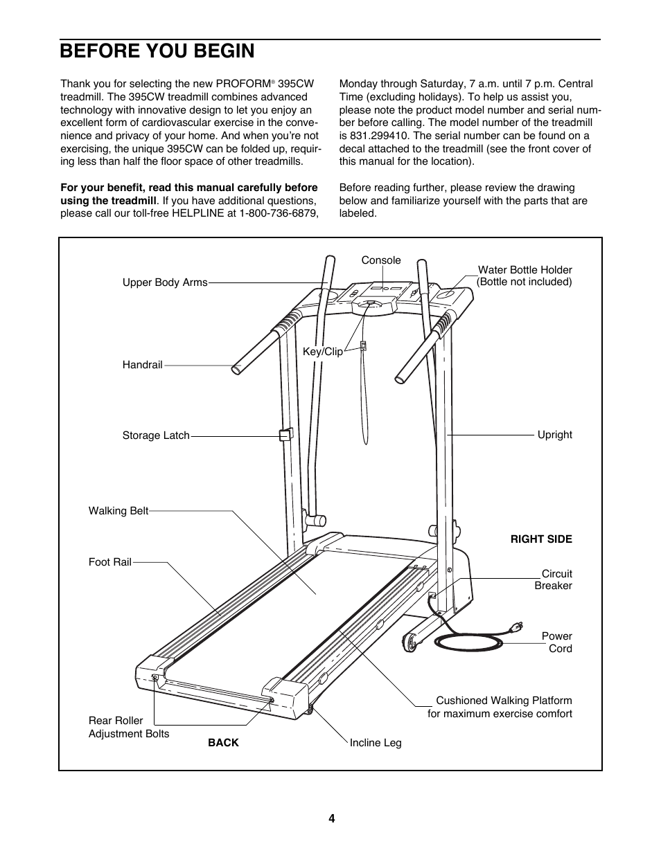 Before you begin | ProForm Crosswalk 395CW 831.299410 User Manual | Page 4 / 18