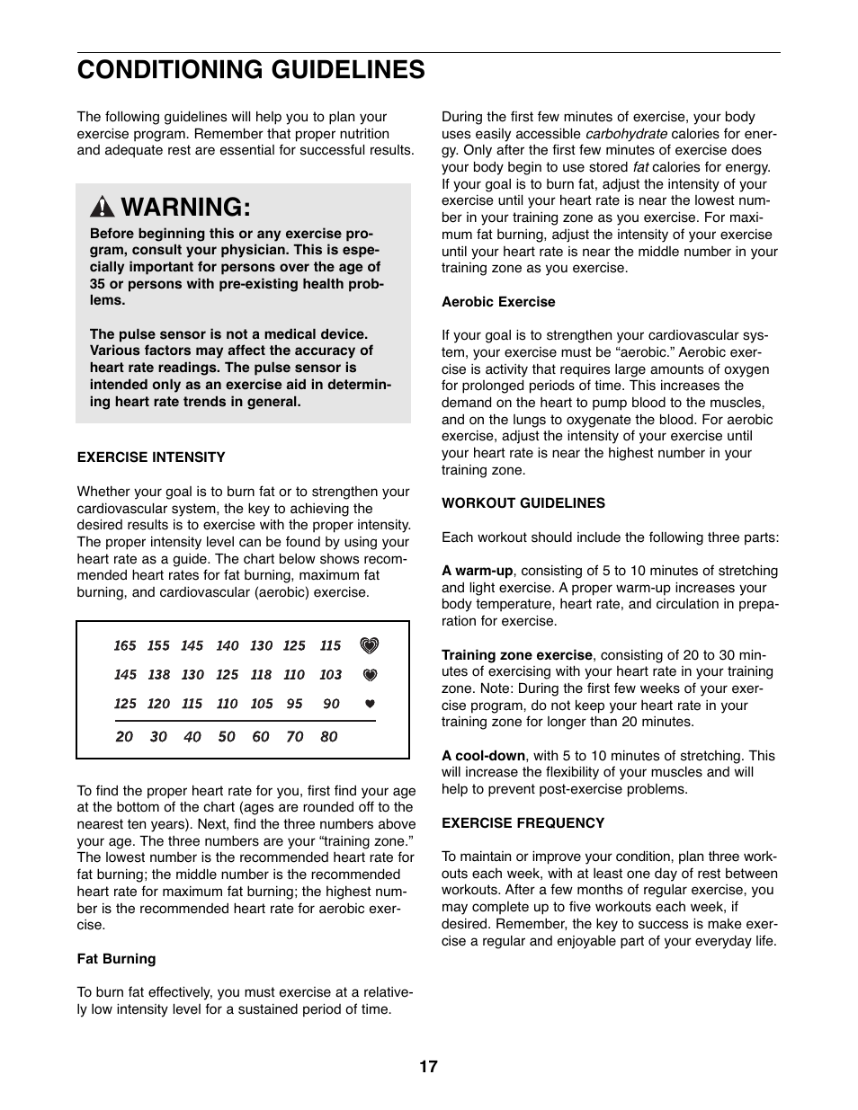 Conditioning guidelines, Warning | ProForm XP 100 U 831.21641.0 User Manual | Page 17 / 20