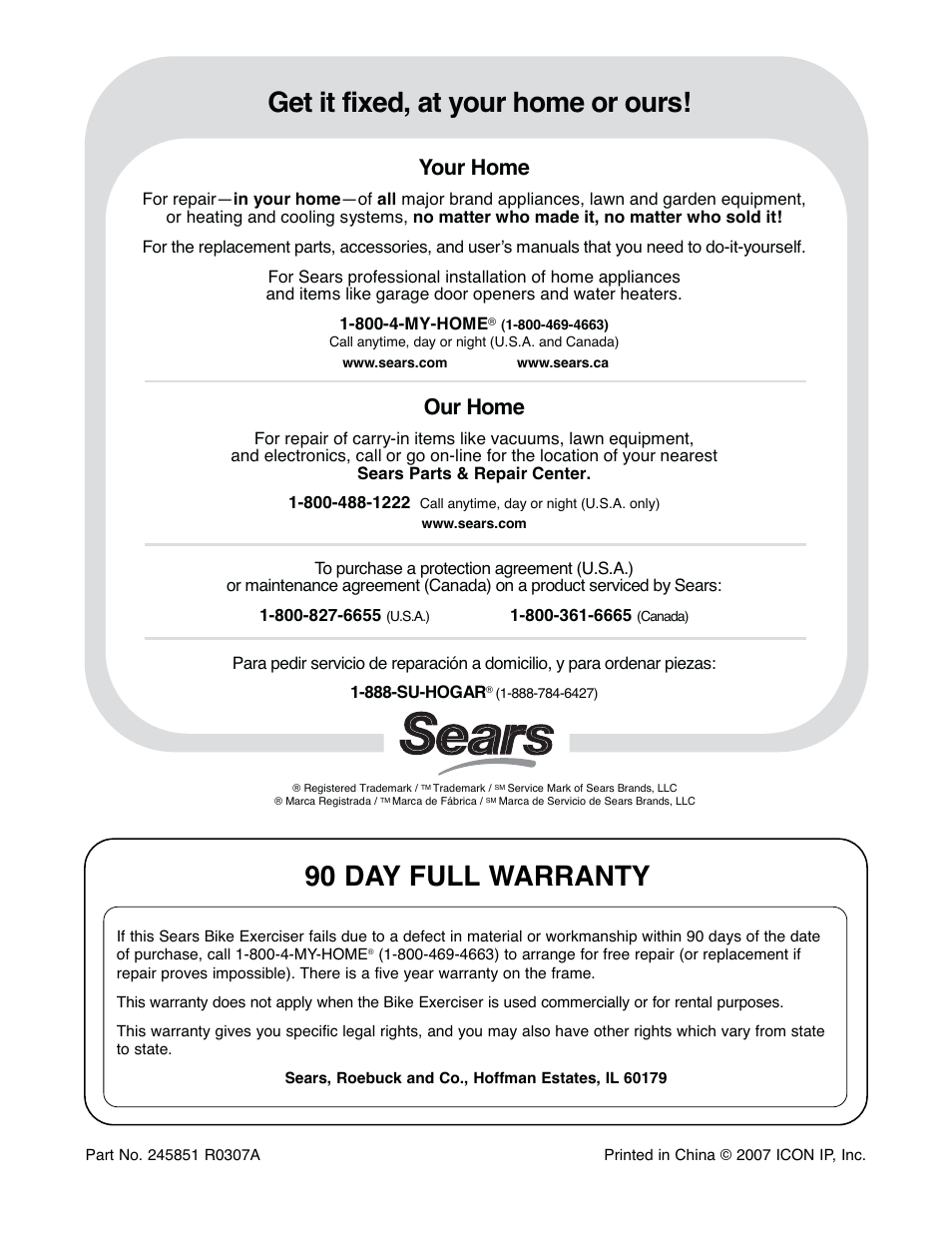 Get it fixed, at your home or ours, 90 day full warranty, Your home | Our home | ProForm XP 100 U 831.21641.0 User Manual | Page 20 / 20