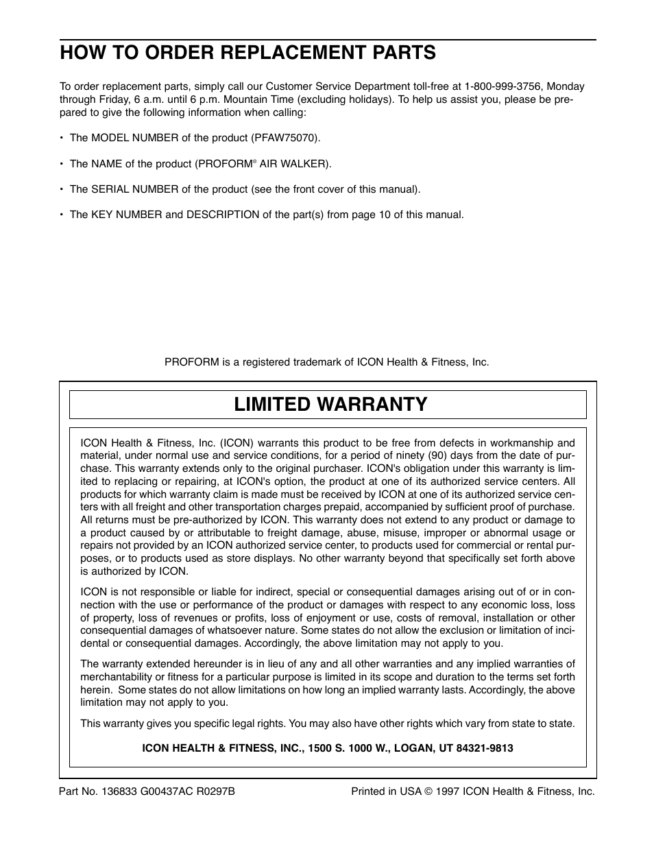 How to order replacement parts, Limited warranty | ProForm PFAW75070 User Manual | Page 12 / 12