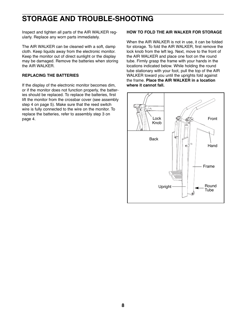 Storage and trouble-shooting | ProForm PFAW75070 User Manual | Page 8 / 12