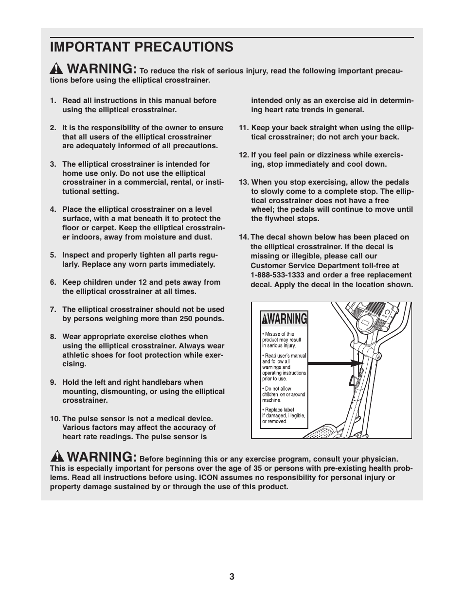 Important precautions warning, Warning | ProForm PFEL71031 User Manual | Page 3 / 24
