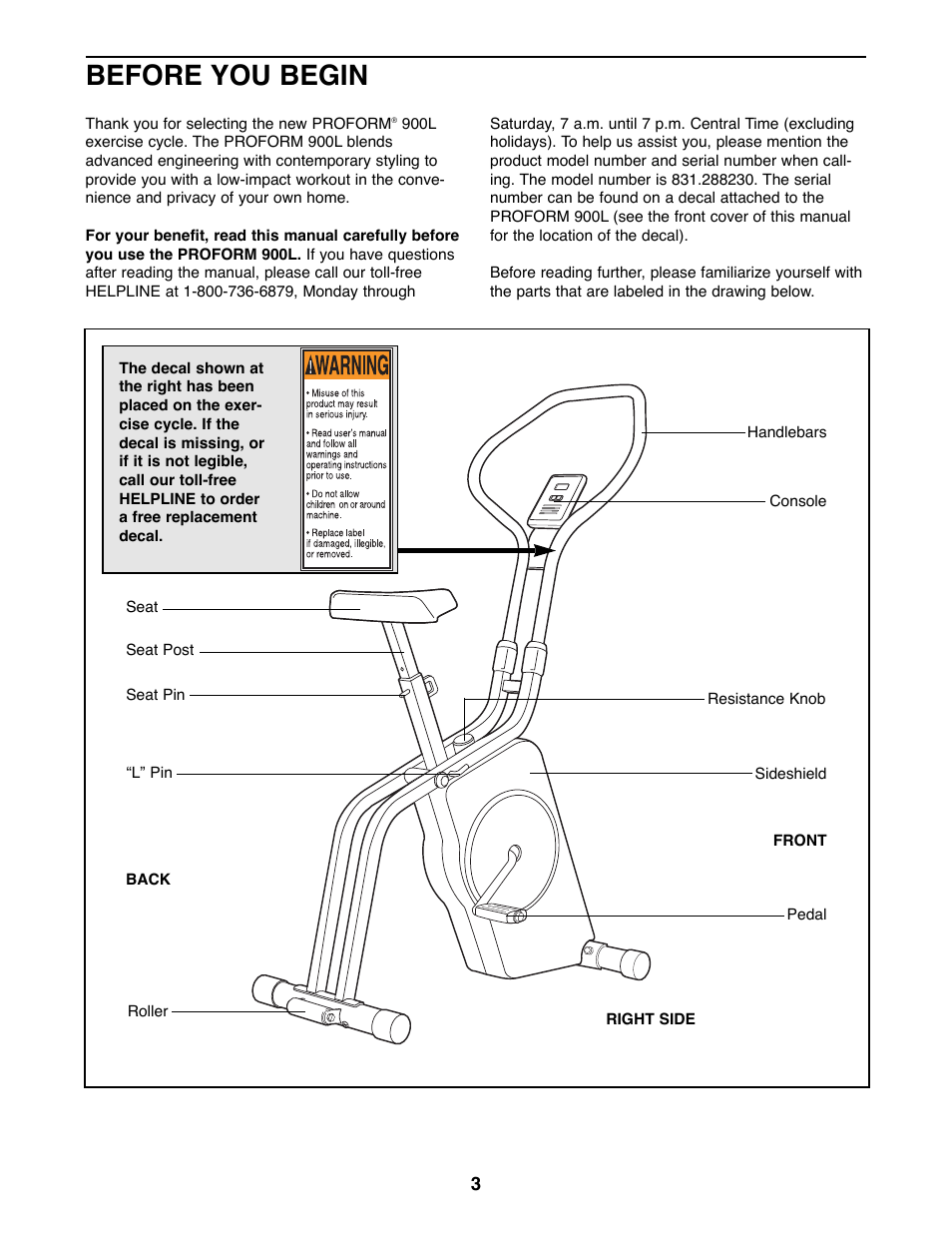 Before you begin | ProForm 900L 831.288230 User Manual | Page 3 / 12