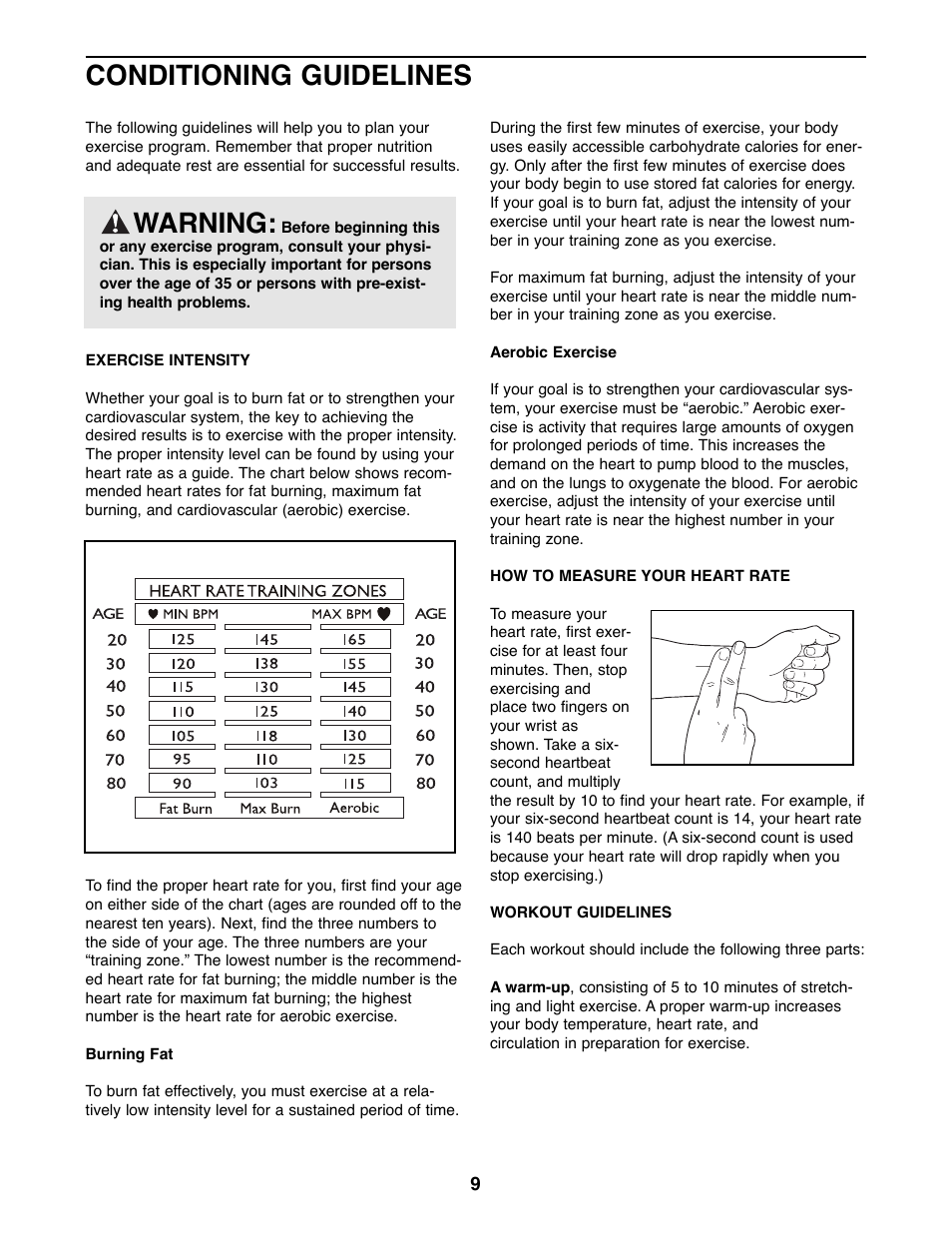 Conditioning guidelines, Warning | ProForm 900L 831.288230 User Manual | Page 9 / 12