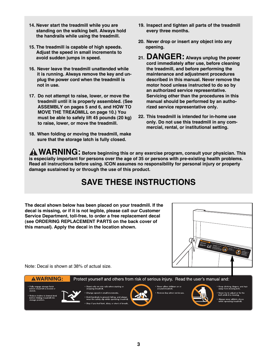 Danger, Warning, Save these instructions | ProForm 385c PFTL39191 User Manual | Page 3 / 18