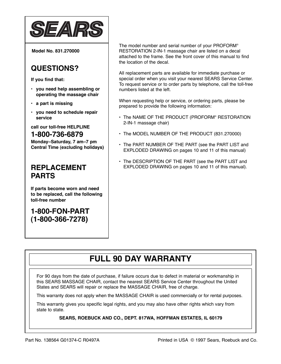 Full 90 day warranty, Questions, Replacement parts | ProForm 831.270000 User Manual | Page 12 / 12