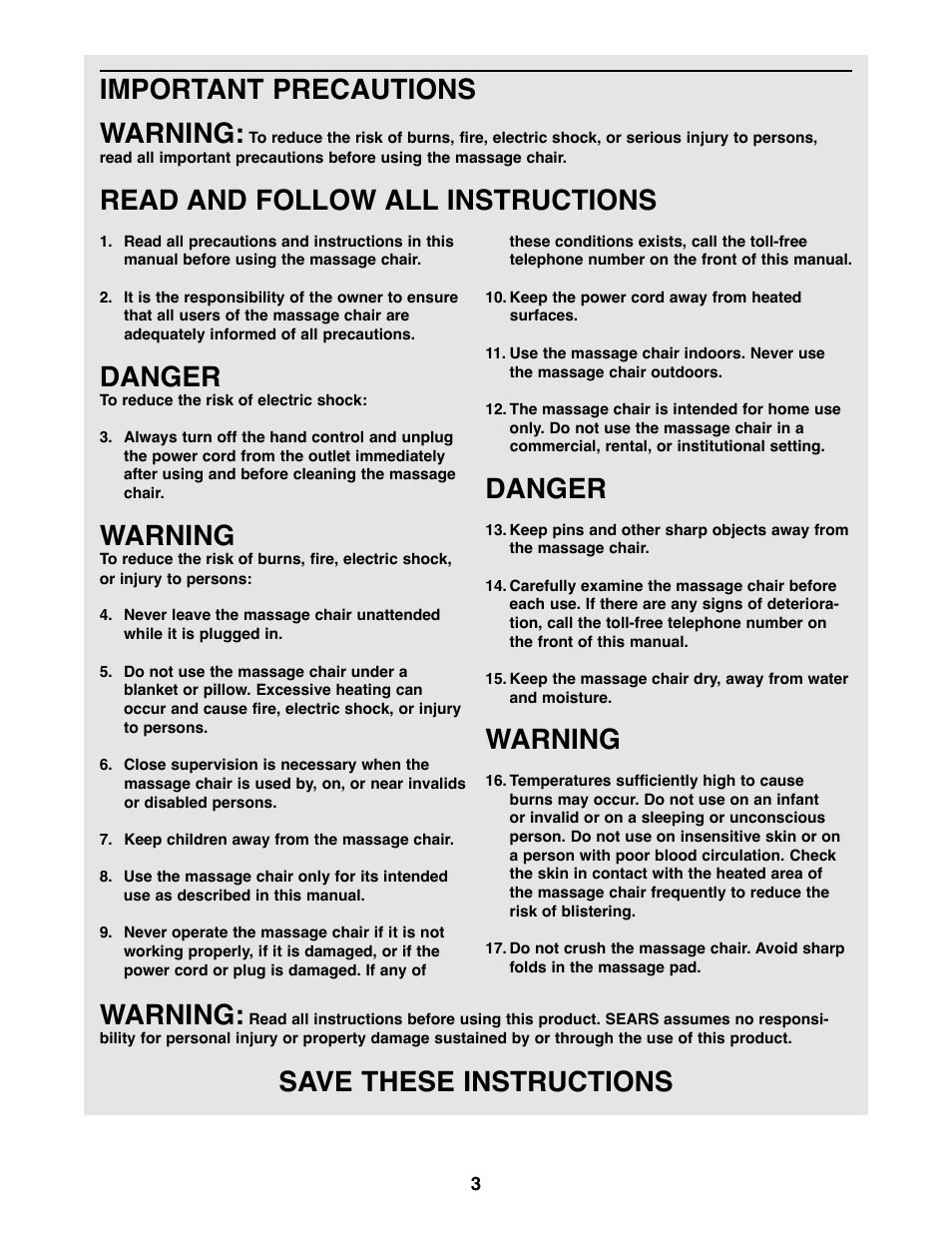 Important precautions warning, Read and follow all instructions, Danger | Warning, Save these instructions | ProForm 831.270000 User Manual | Page 3 / 12