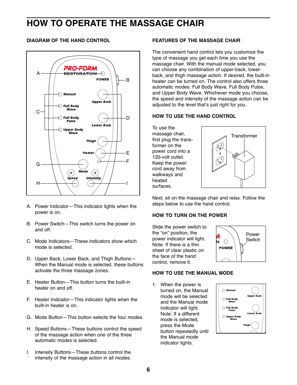 How to operate the massage chair | ProForm 831.270000 User Manual | Page 6 / 12