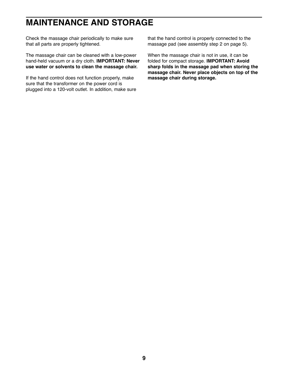 Maintenance and storage | ProForm 831.270000 User Manual | Page 9 / 12