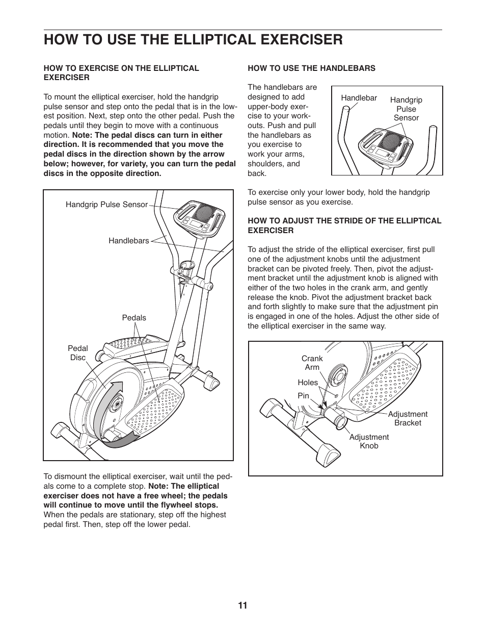 How to use the elliptical exerciser | ProForm STRIDE SELECT PFEL3926.0 User Manual | Page 11 / 24