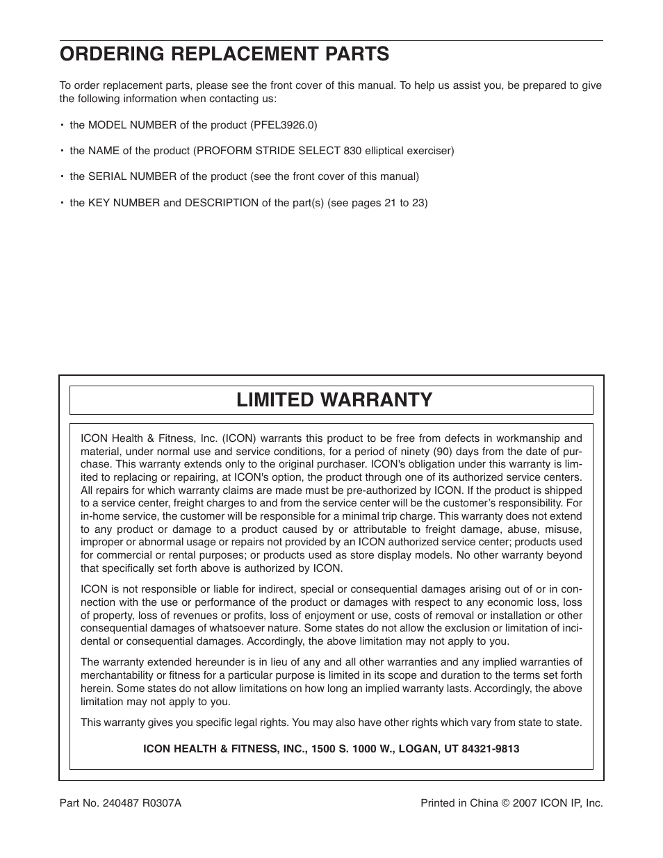 Ordering replacement parts, Limited warranty | ProForm STRIDE SELECT PFEL3926.0 User Manual | Page 24 / 24