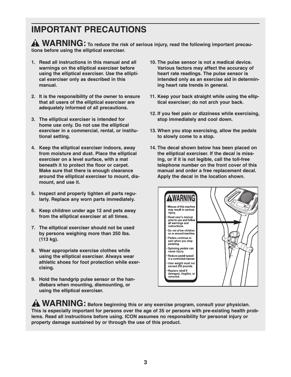 Important precautions warning, Warning | ProForm STRIDE SELECT PFEL3926.0 User Manual | Page 3 / 24