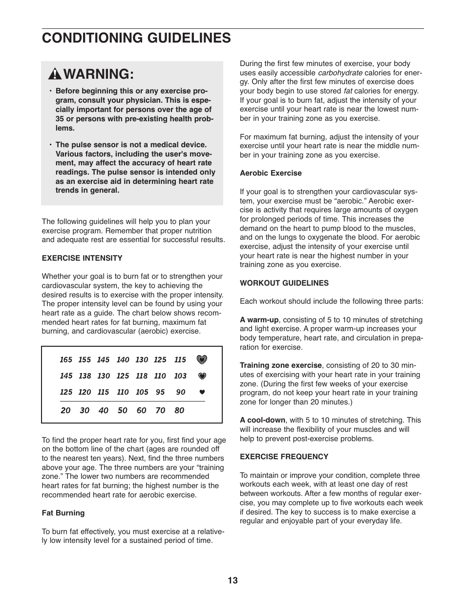 Conditioning guidelines, Warning | ProForm PFEL29240 User Manual | Page 13 / 16