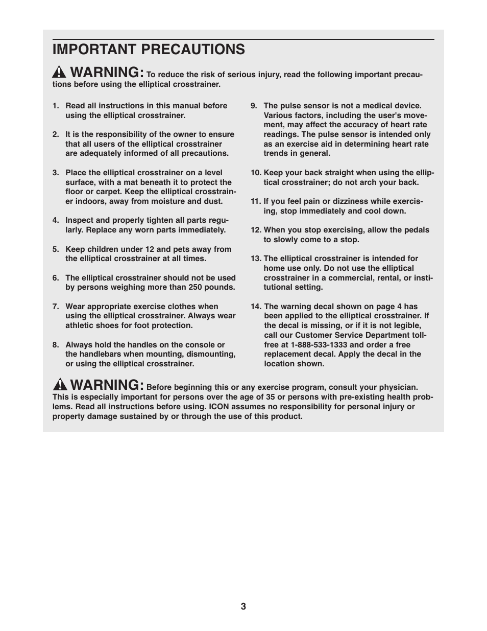 Important precautions warning, Warning | ProForm PFEL29240 User Manual | Page 3 / 16