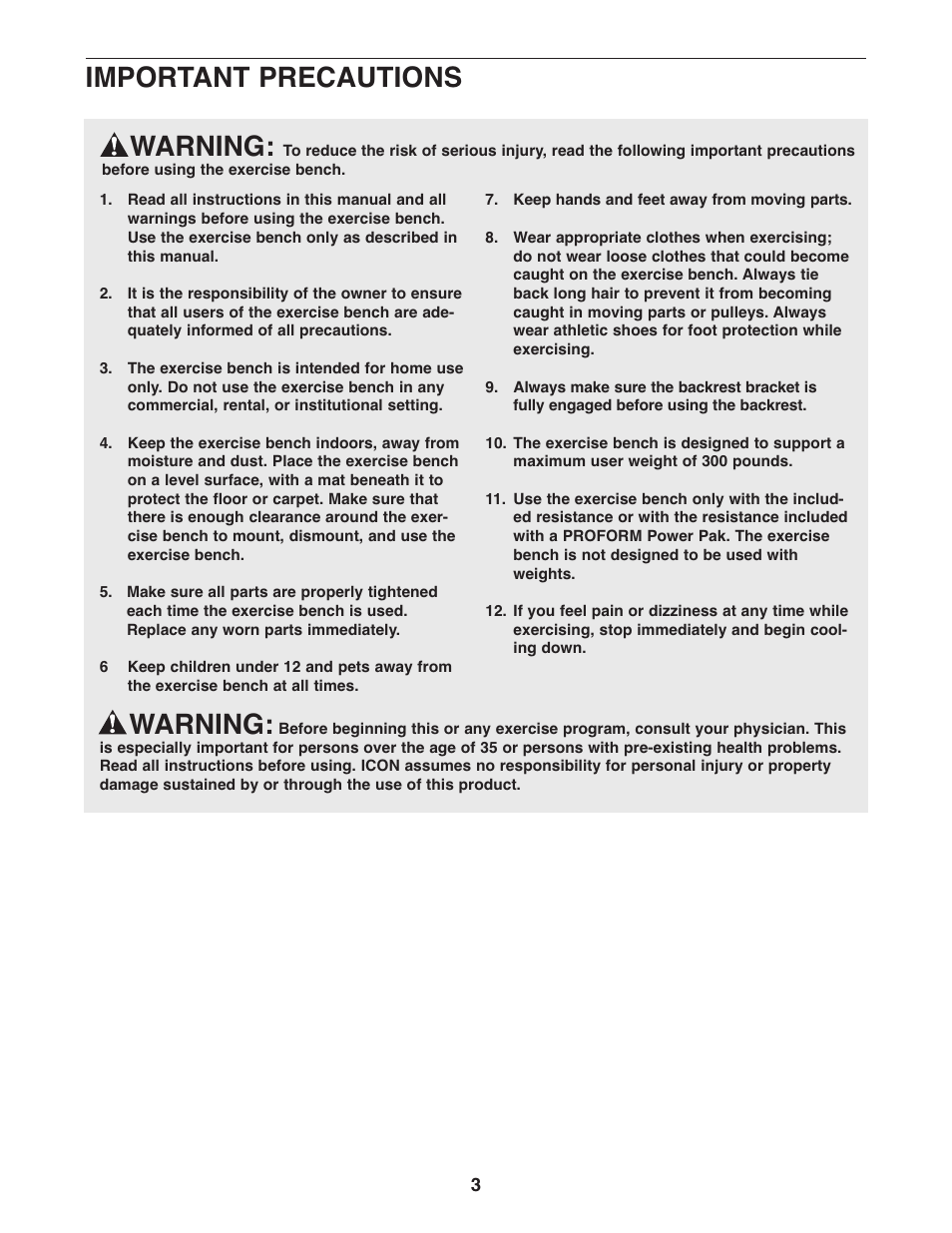 Warning, Important precautions | ProForm PFBE1144.0 User Manual | Page 3 / 16