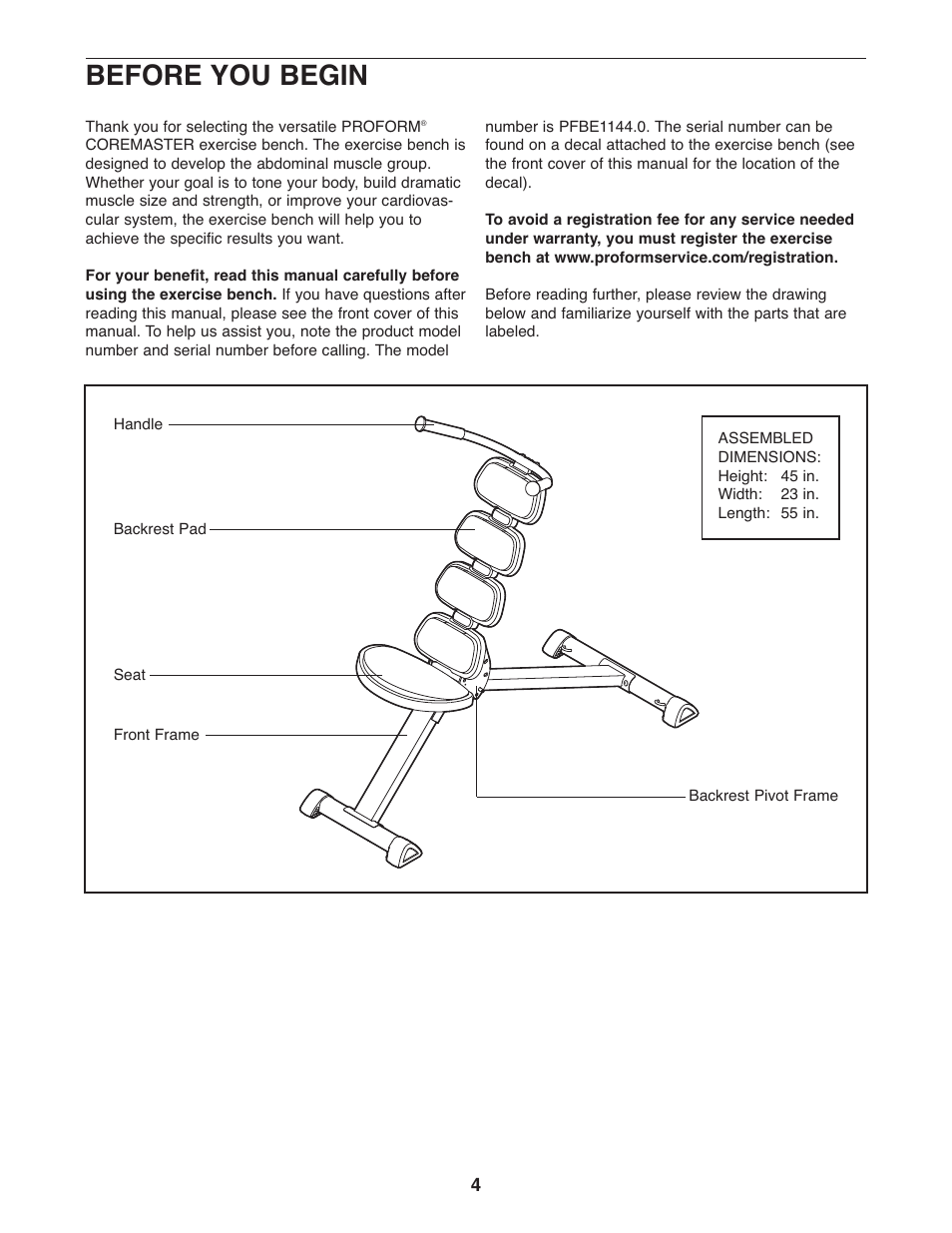 Before you begin | ProForm PFBE1144.0 User Manual | Page 4 / 16
