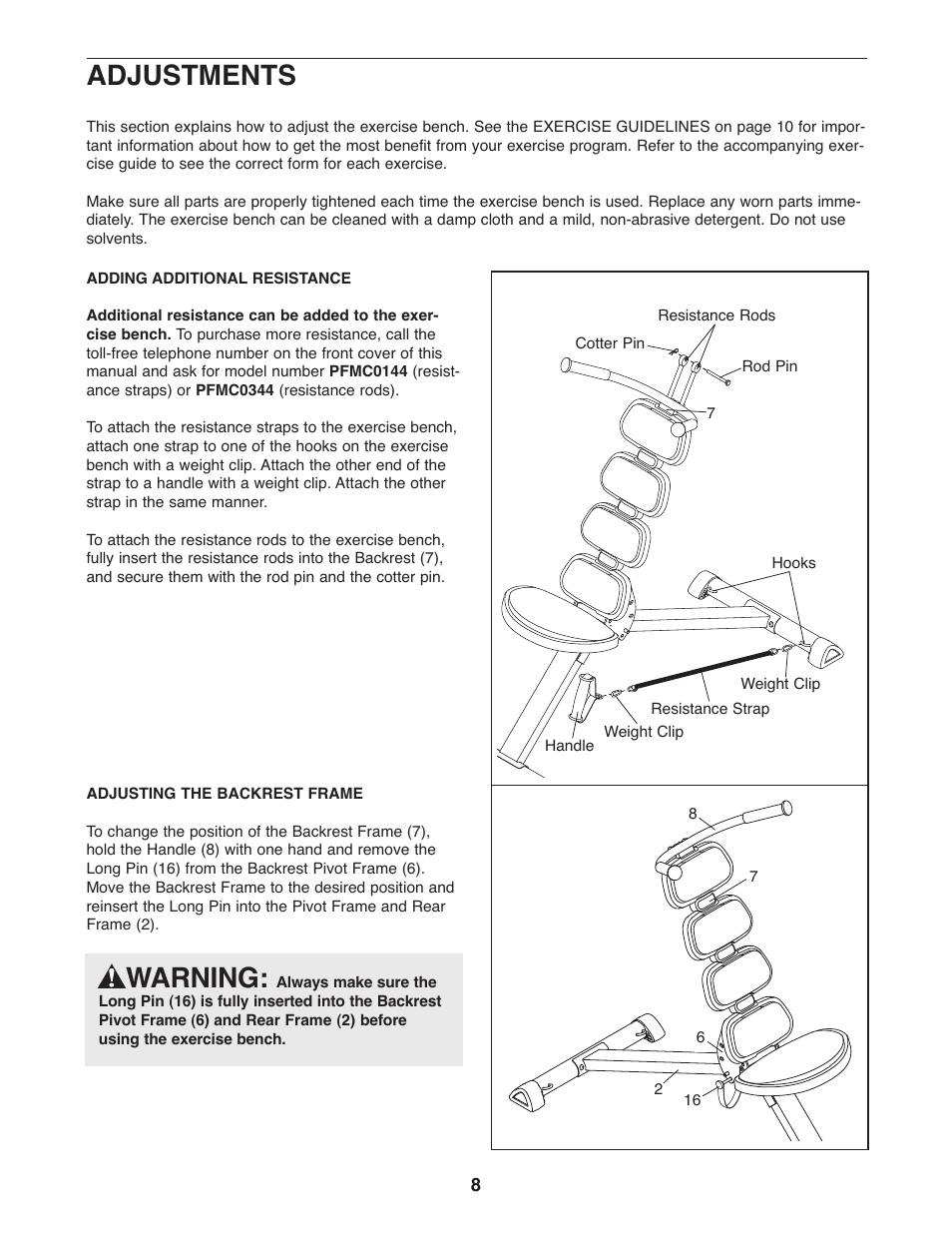 Adjustments, Warning | ProForm PFBE1144.0 User Manual | Page 8 / 16