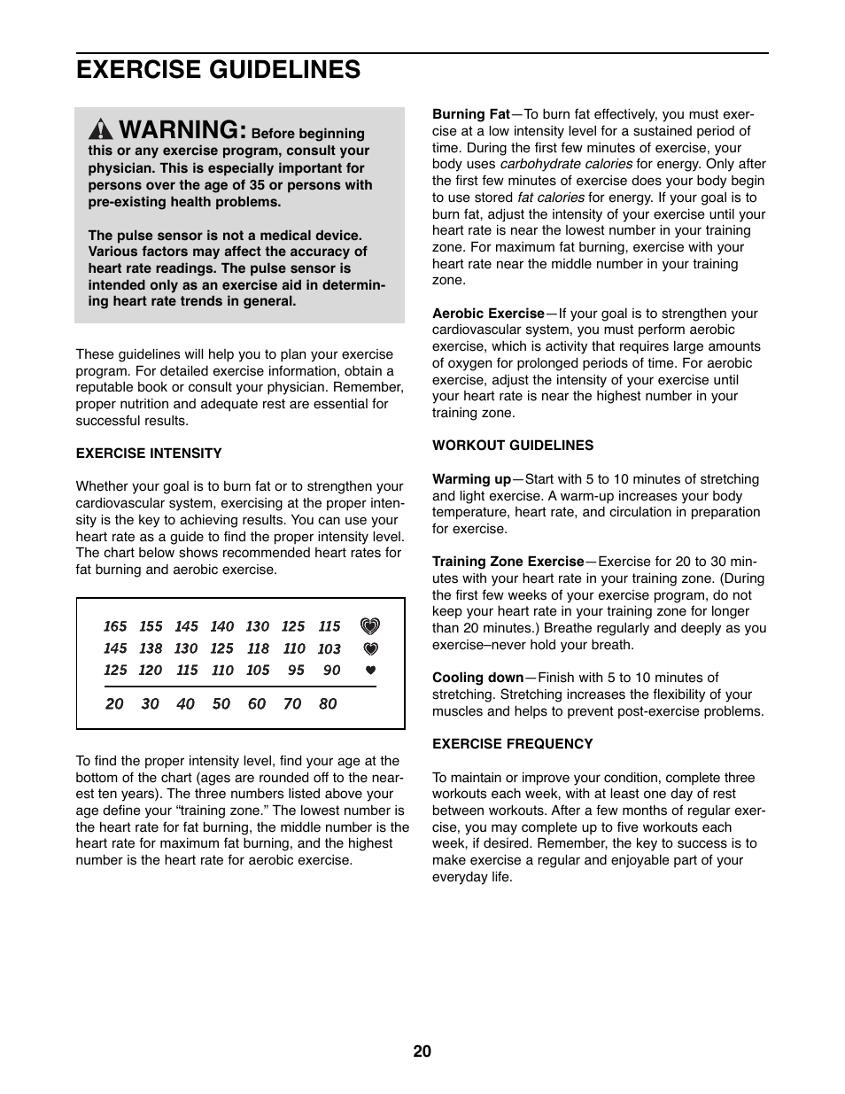 Exercise guidelines warning | ProForm 450 UR PFEX44177.2 User Manual | Page 20 / 24
