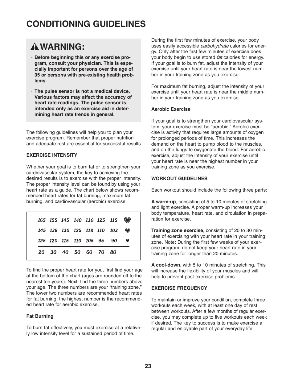 Conditioning guidelines, Warning | ProForm PFEL13032 User Manual | Page 23 / 28