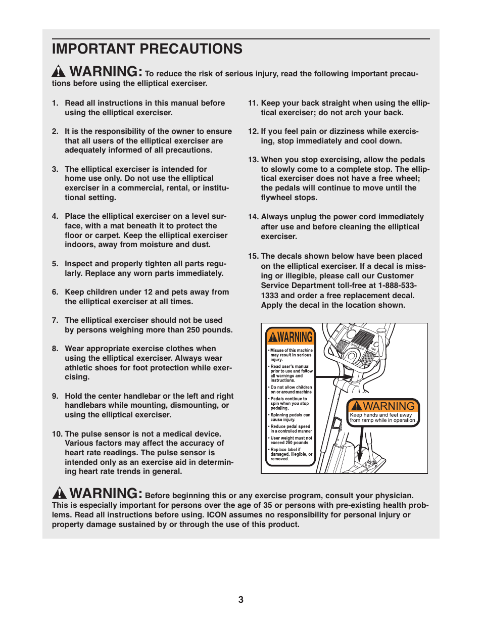 Important precautions warning, Warning | ProForm PFEL13032 User Manual | Page 3 / 28