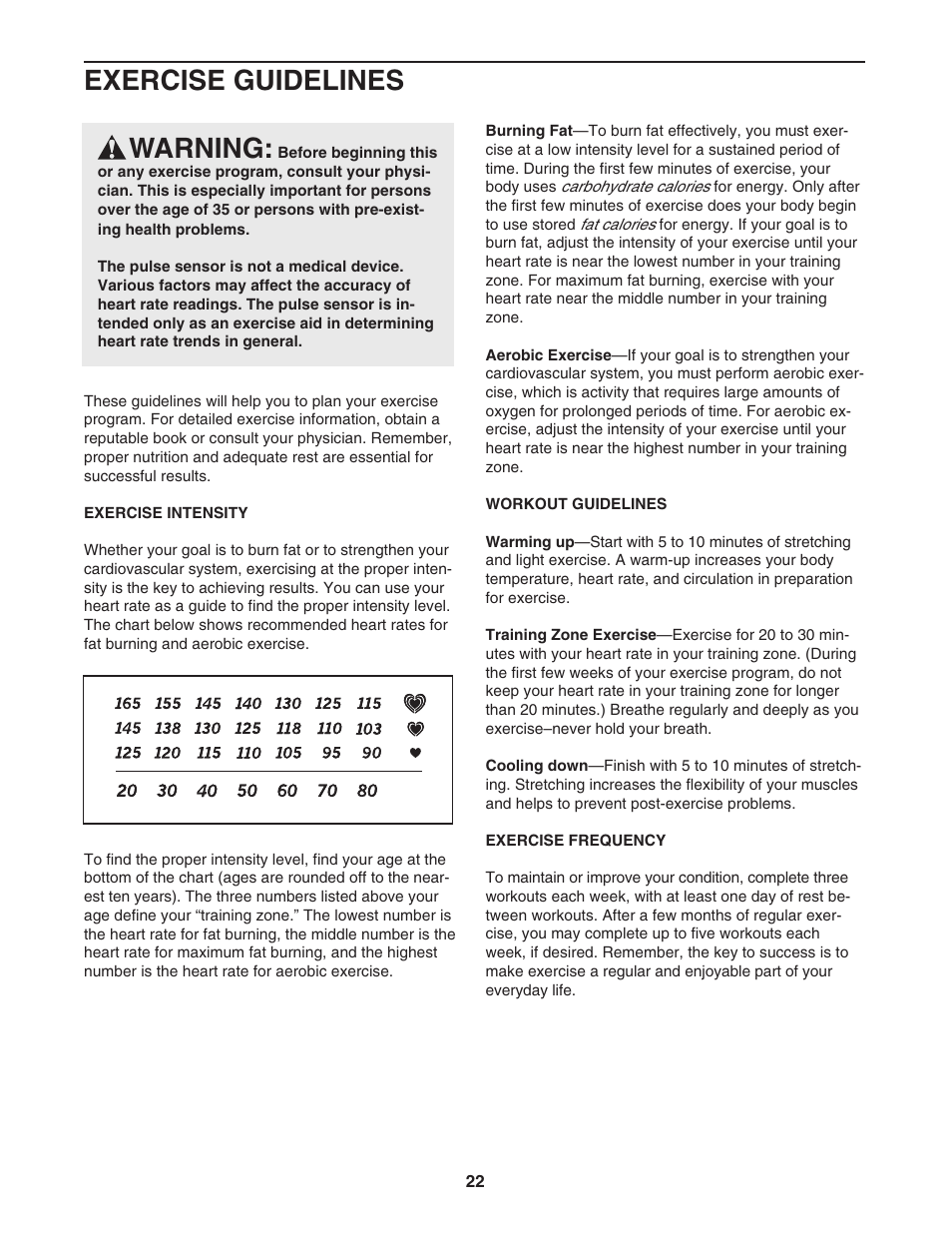 Exercise guidelines warning | ProForm XP 615 831.24745.3 User Manual | Page 22 / 28