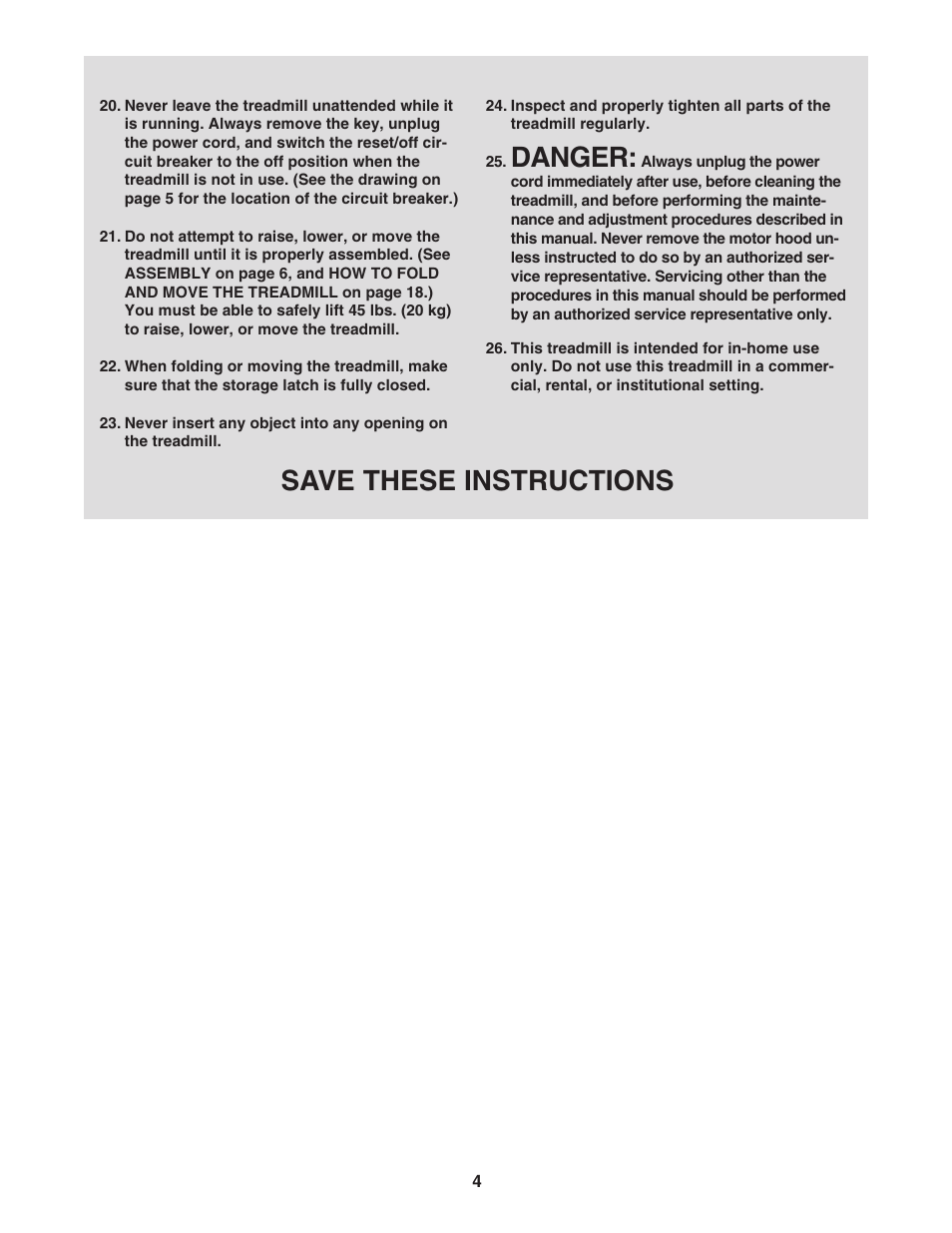 Danger, Save these instructions | ProForm XP 615 831.24745.3 User Manual | Page 4 / 28