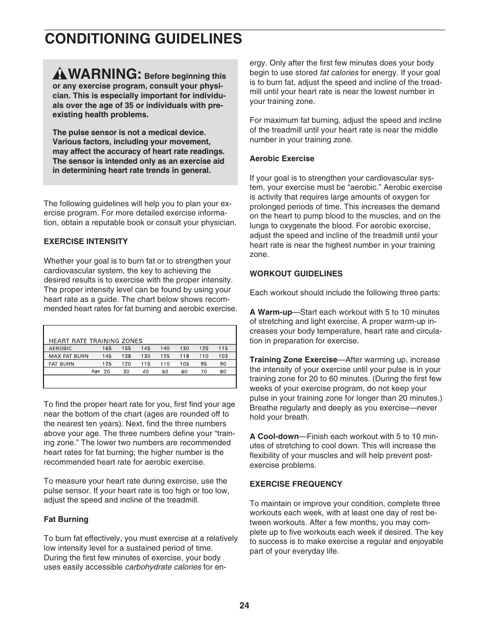 Conditioning guidelines, Warning | ProForm 831.294062 User Manual | Page 24 / 30