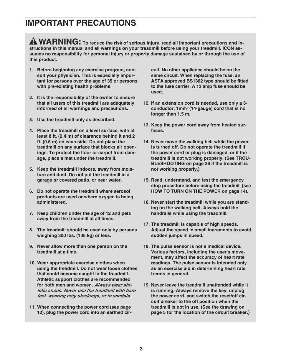 Warning, Important precautions | ProForm 3.8 PATL40707.0 User Manual | Page 3 / 36