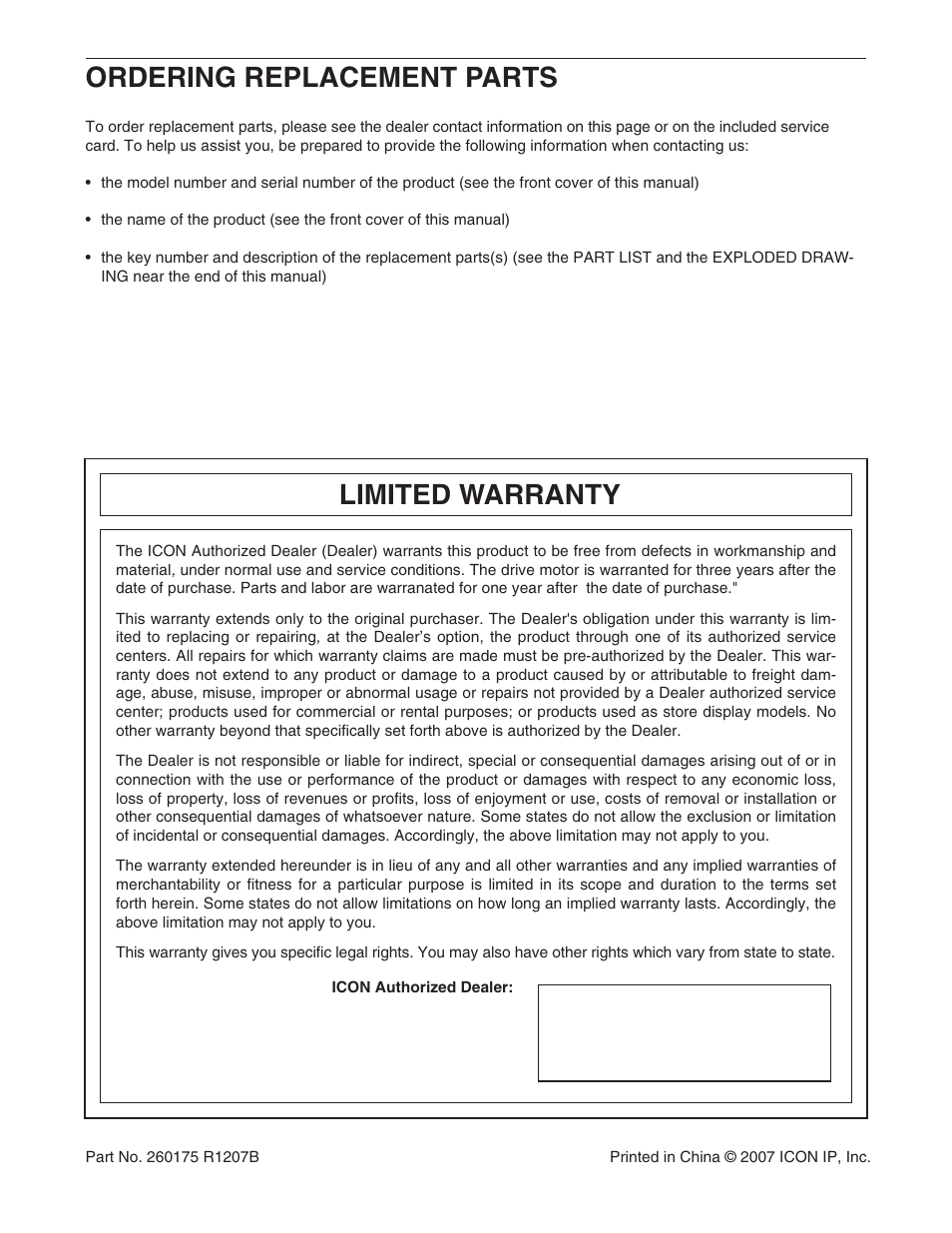Ordering replacement parts, Limited warranty | ProForm 3.8 PATL40707.0 User Manual | Page 36 / 36