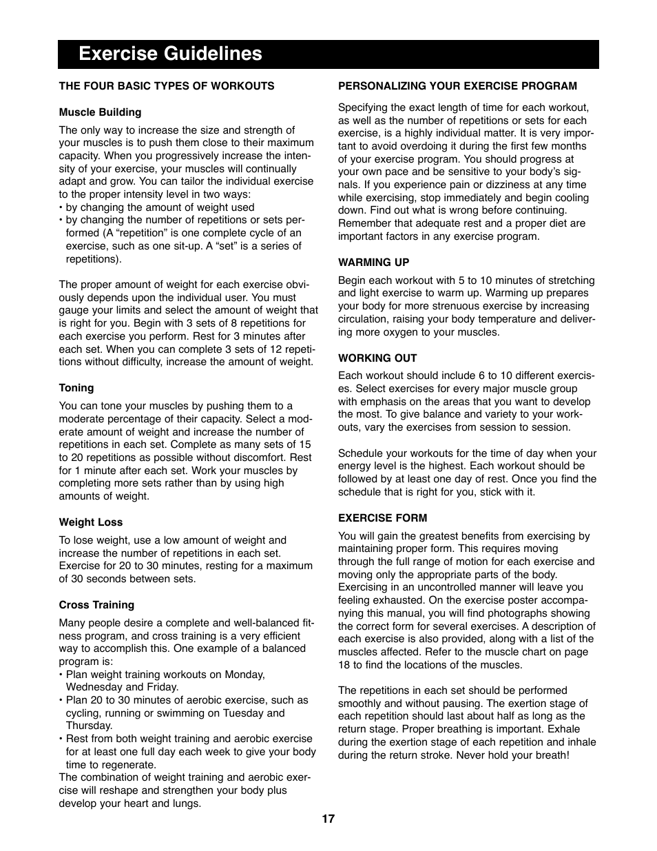 Exercise guidelines | ProForm PFBE66080 User Manual | Page 17 / 22