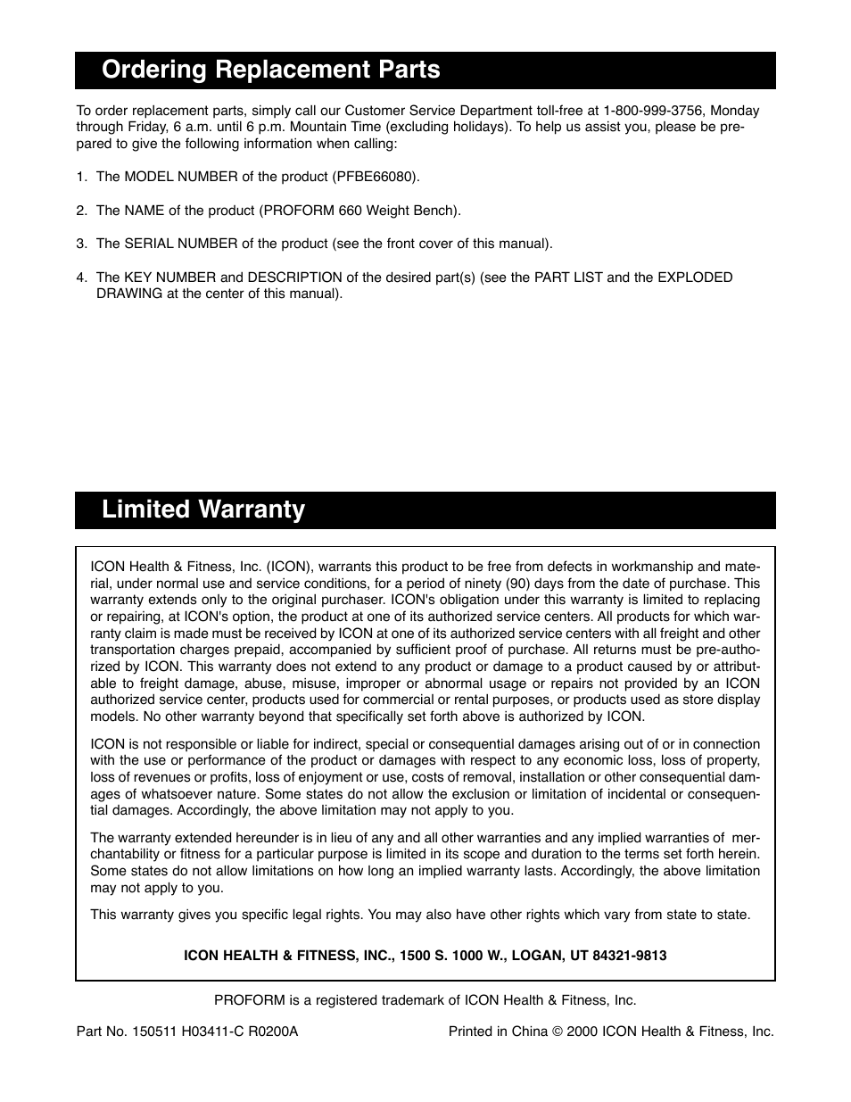 Ordering replacement parts, Limited warranty | ProForm PFBE66080 User Manual | Page 22 / 22
