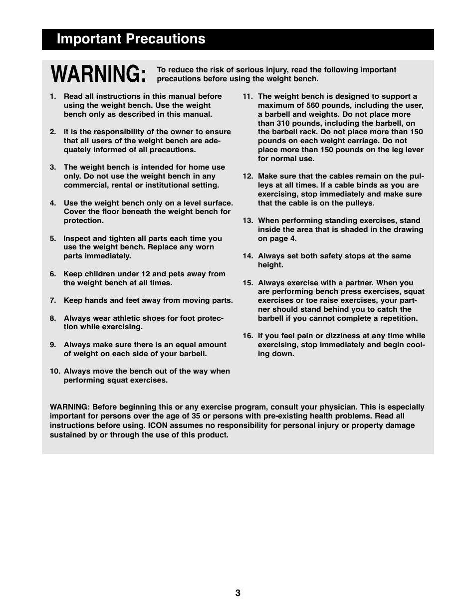 Warning, Important precautions | ProForm PFBE66080 User Manual | Page 3 / 22