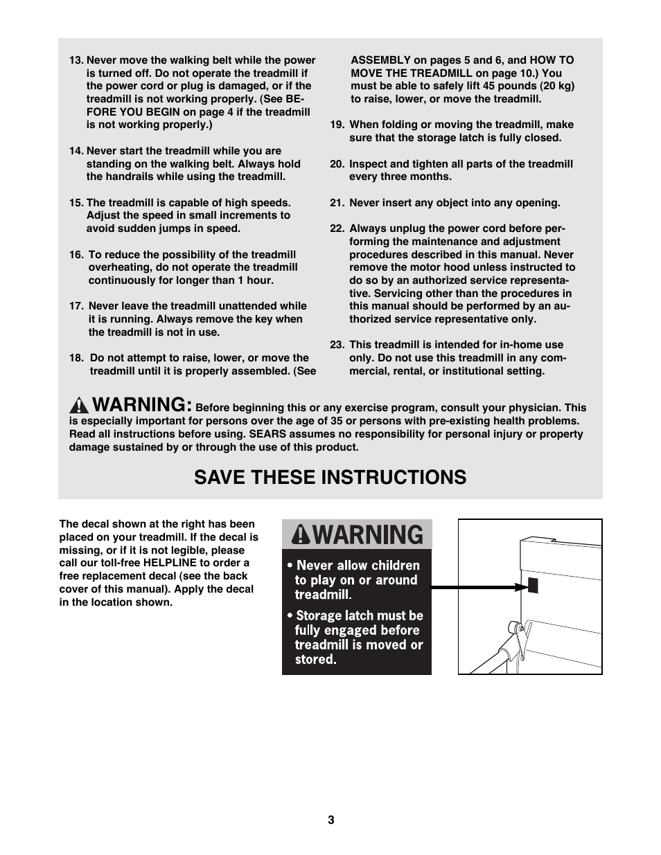 Warning, Save these instructions | ProForm Power Incline 831.29721 User Manual | Page 3 / 18