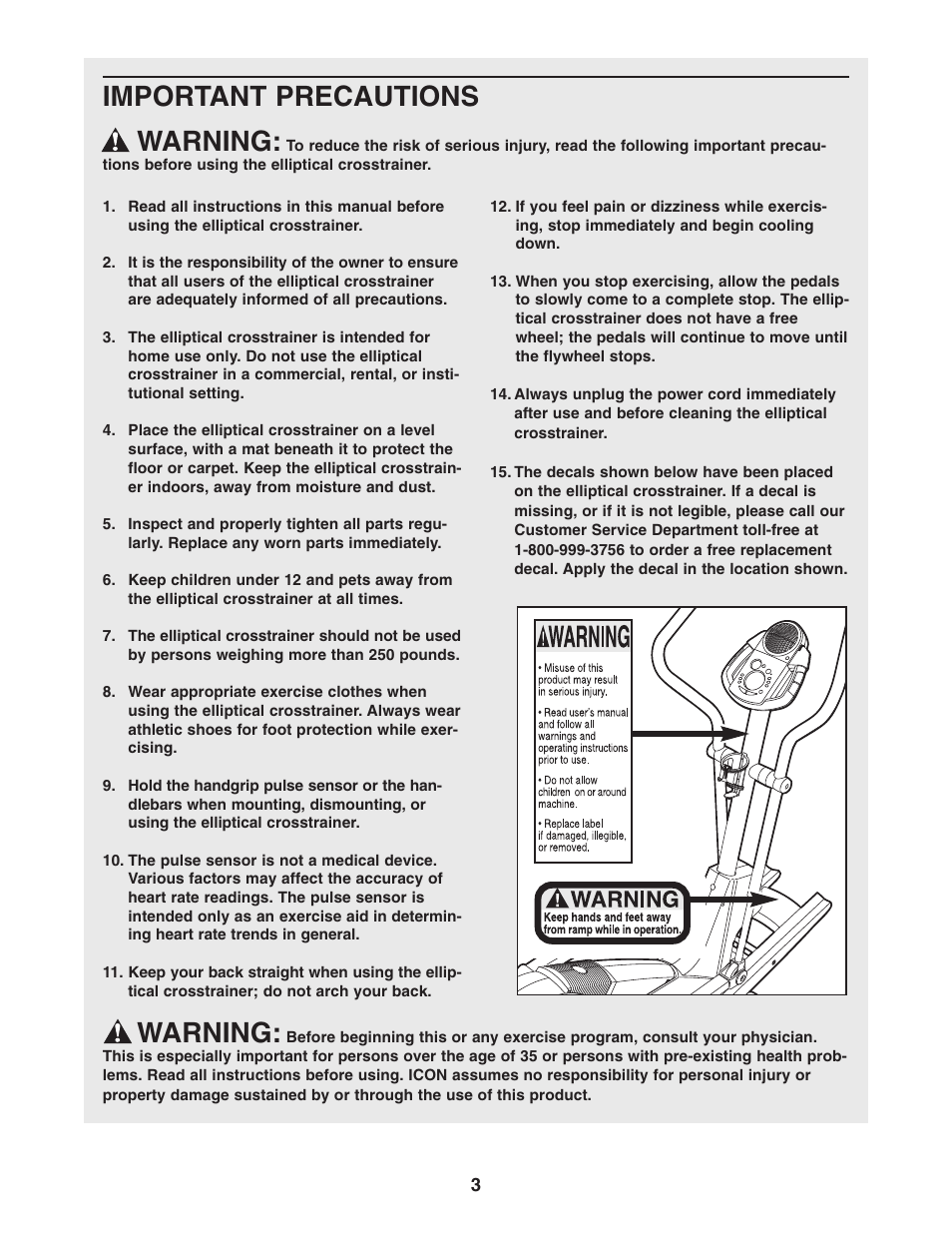Important precautions warning, Warning | ProForm PFEL54931 User Manual | Page 3 / 24