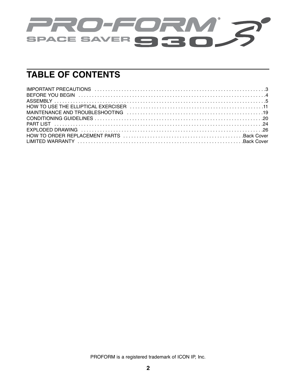 ProForm SPACE SAVER PFEL59107.0 User Manual | Page 2 / 28