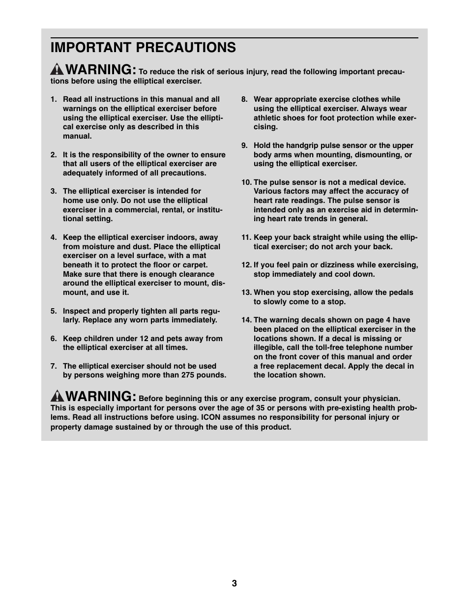 Important precautions warning, Warning | ProForm SPACE SAVER PFEL59107.0 User Manual | Page 3 / 28