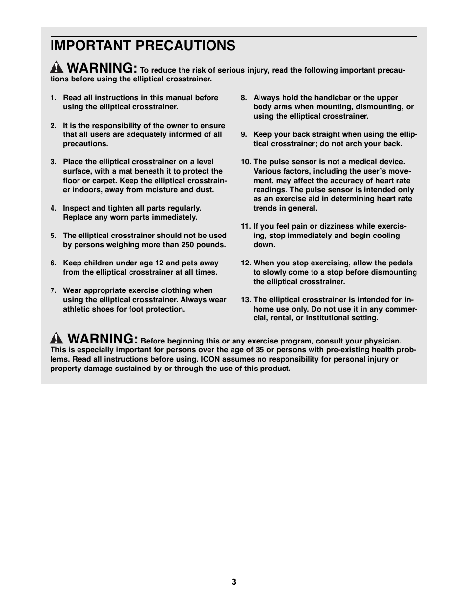 Warning, Important precautions warning | ProForm PFEL04900 User Manual | Page 3 / 20