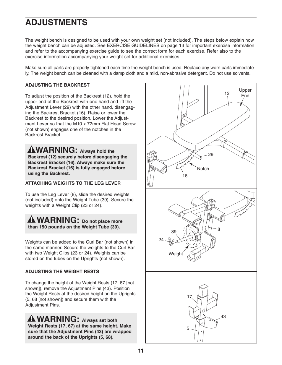 Warning, Adjustments | ProForm 831.150320 User Manual | Page 11 / 19