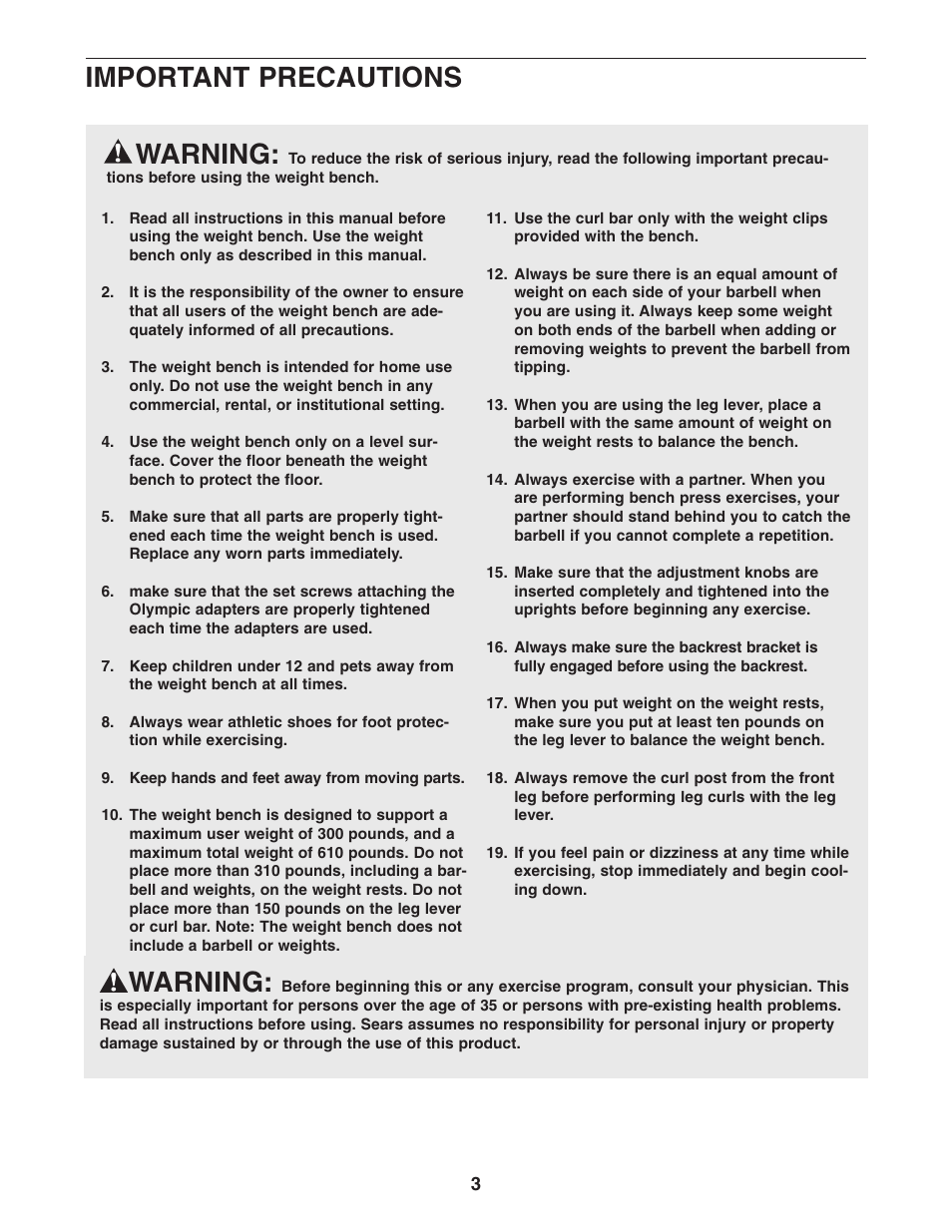 Warning, Important precautions | ProForm 831.150320 User Manual | Page 3 / 19