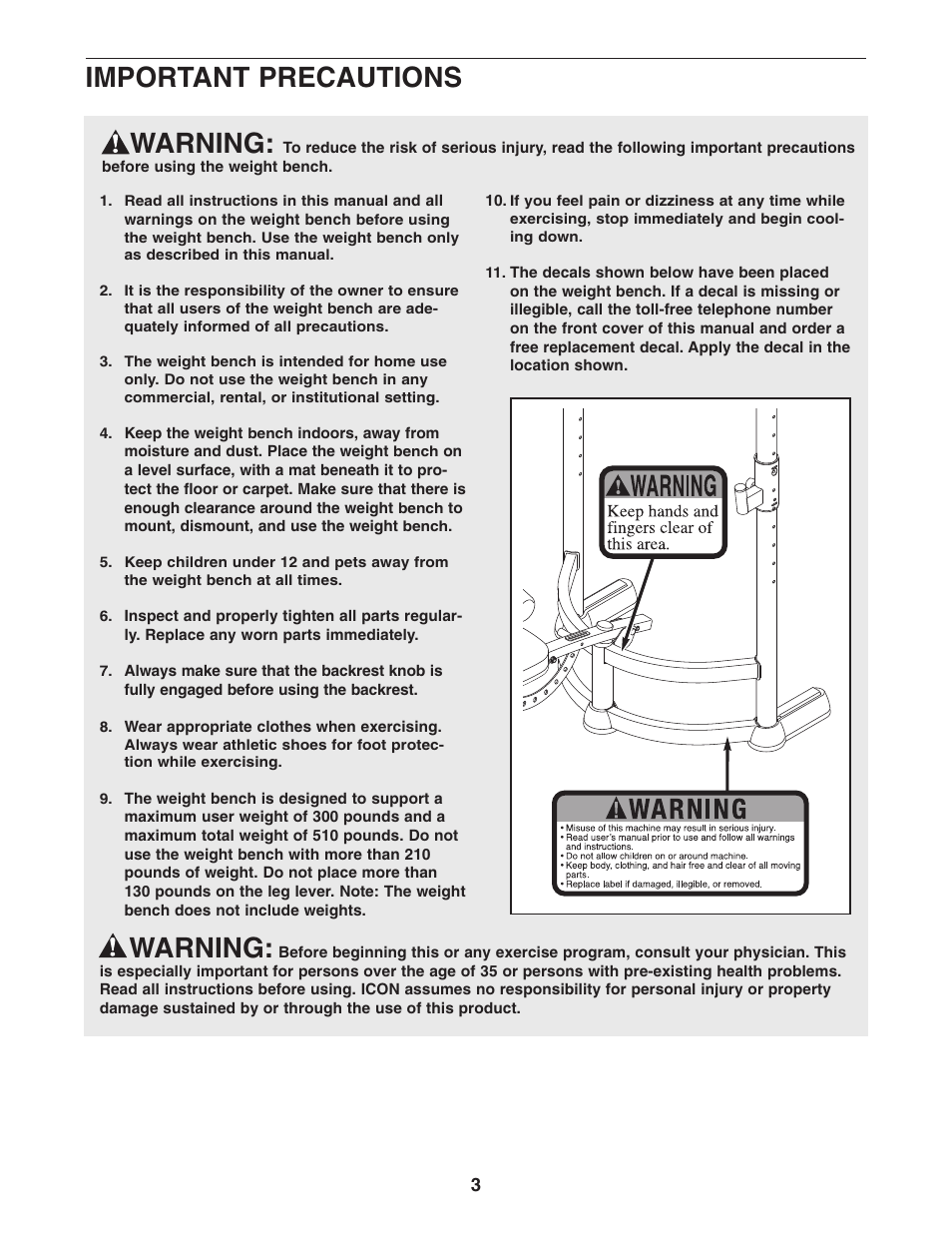 Warning, Important precautions | ProForm PFBE1516.0 User Manual | Page 3 / 20