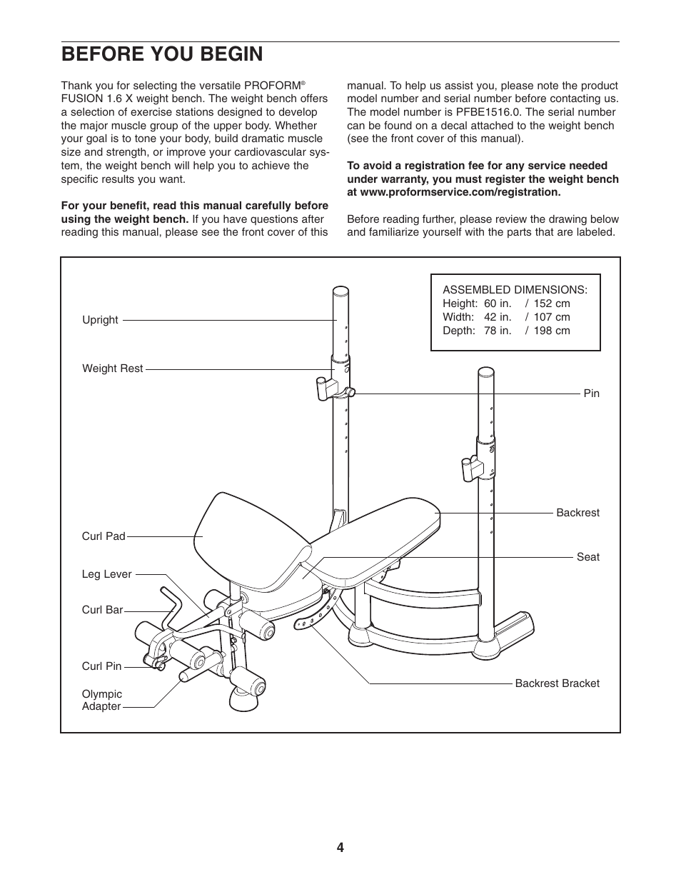 Before you begin | ProForm PFBE1516.0 User Manual | Page 4 / 20