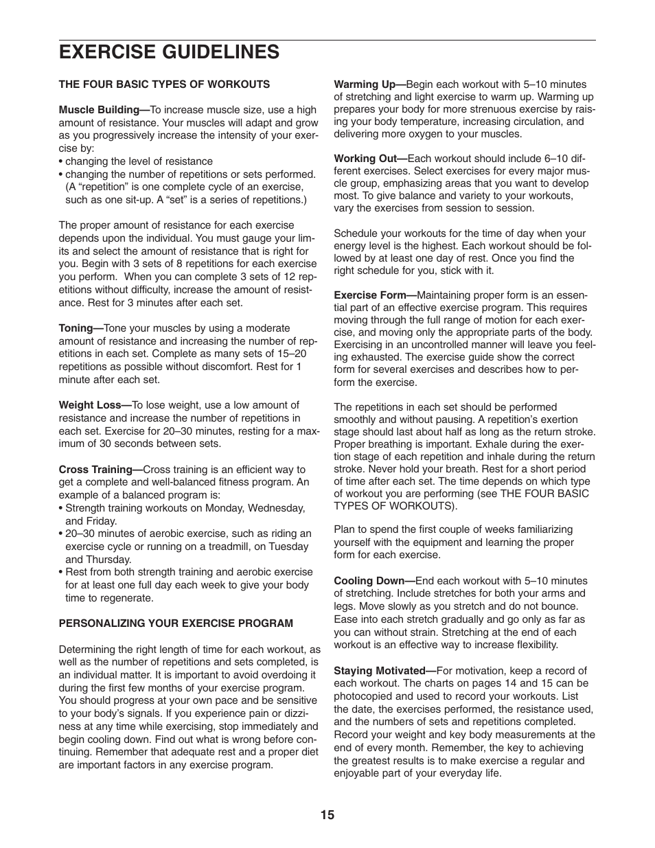 Exercise guidelines | ProForm PFSY2925.0 User Manual | Page 15 / 20