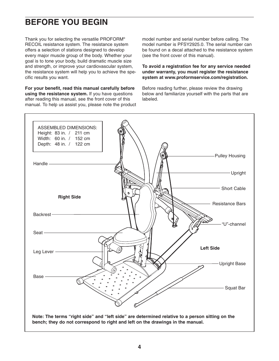 Before you begin | ProForm PFSY2925.0 User Manual | Page 4 / 20
