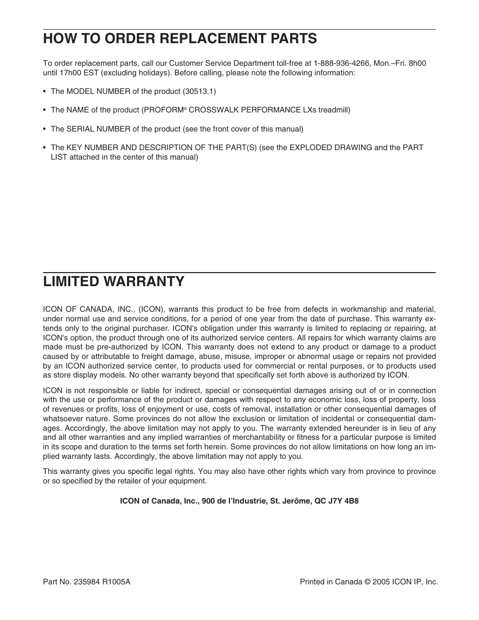How to order replacement parts, Limited warranty | ProForm 30513.1 User Manual | Page 30 / 30